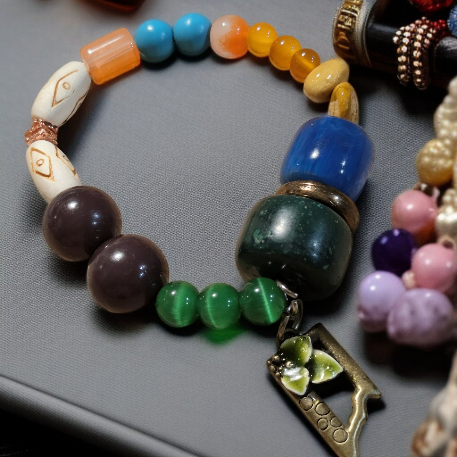 Handmade Stretch Boho Bracelet with Beautiful Vintage Beads and Upcycled Charm