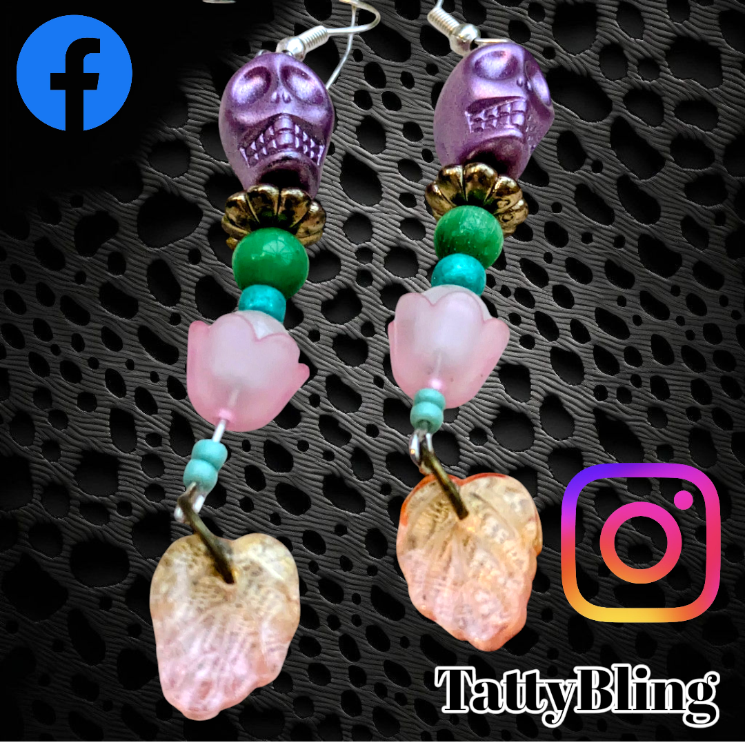 Pretty Handmade Upcycled Skull Dangly Earrings