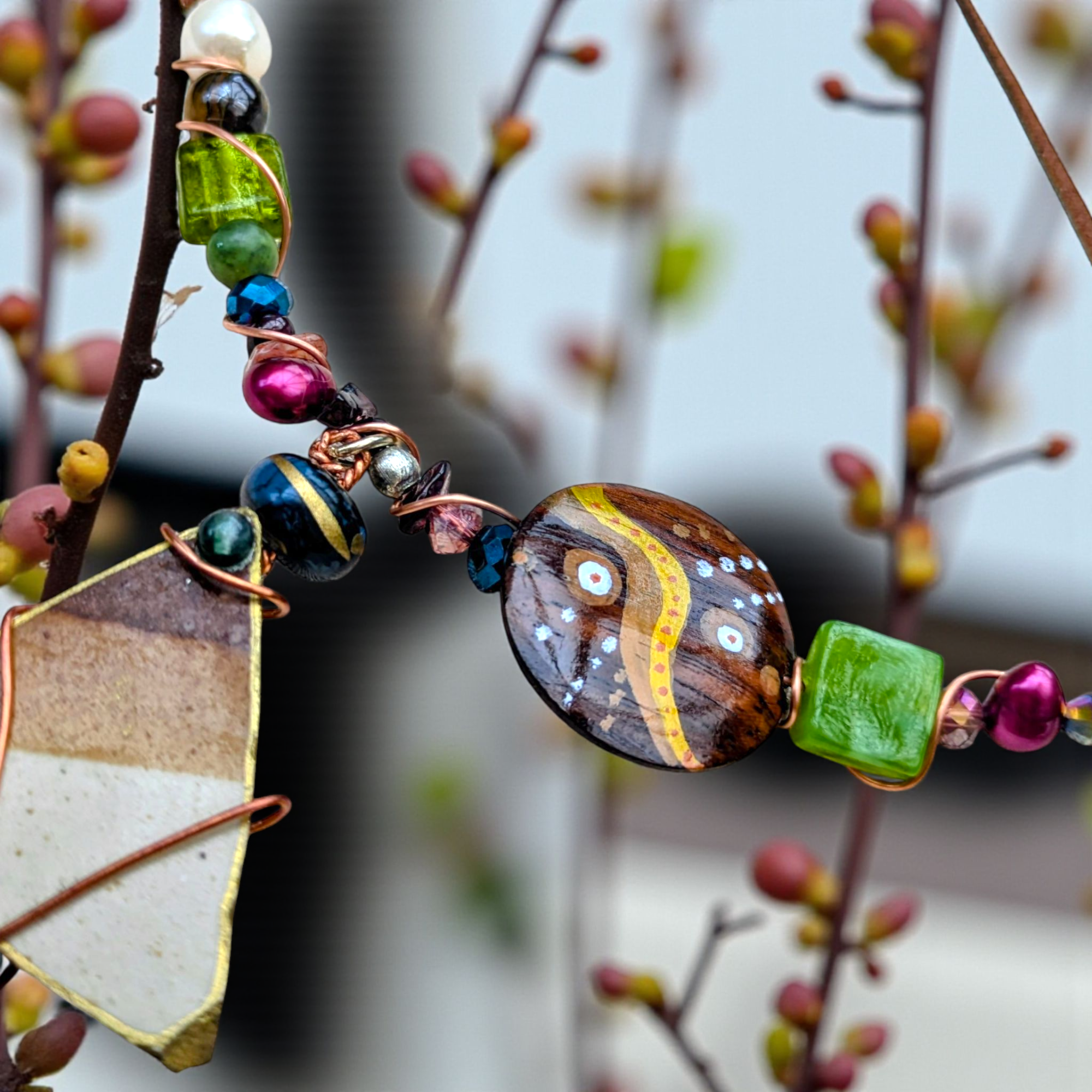 Handmade Boho Sea Pottery Necklace - (cord tie adjustable)