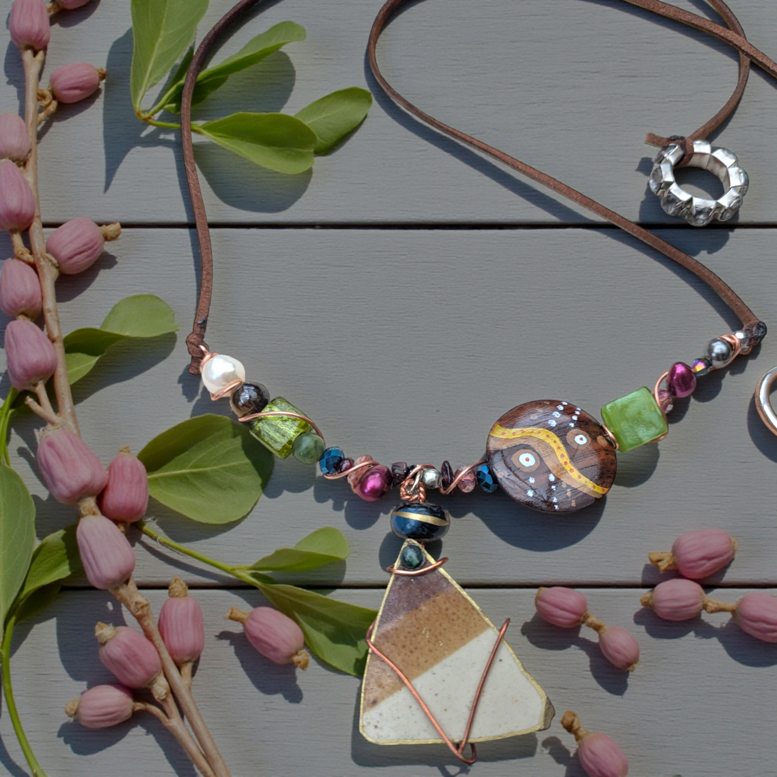 Handmade Boho Sea Pottery Necklace - (cord tie adjustable)