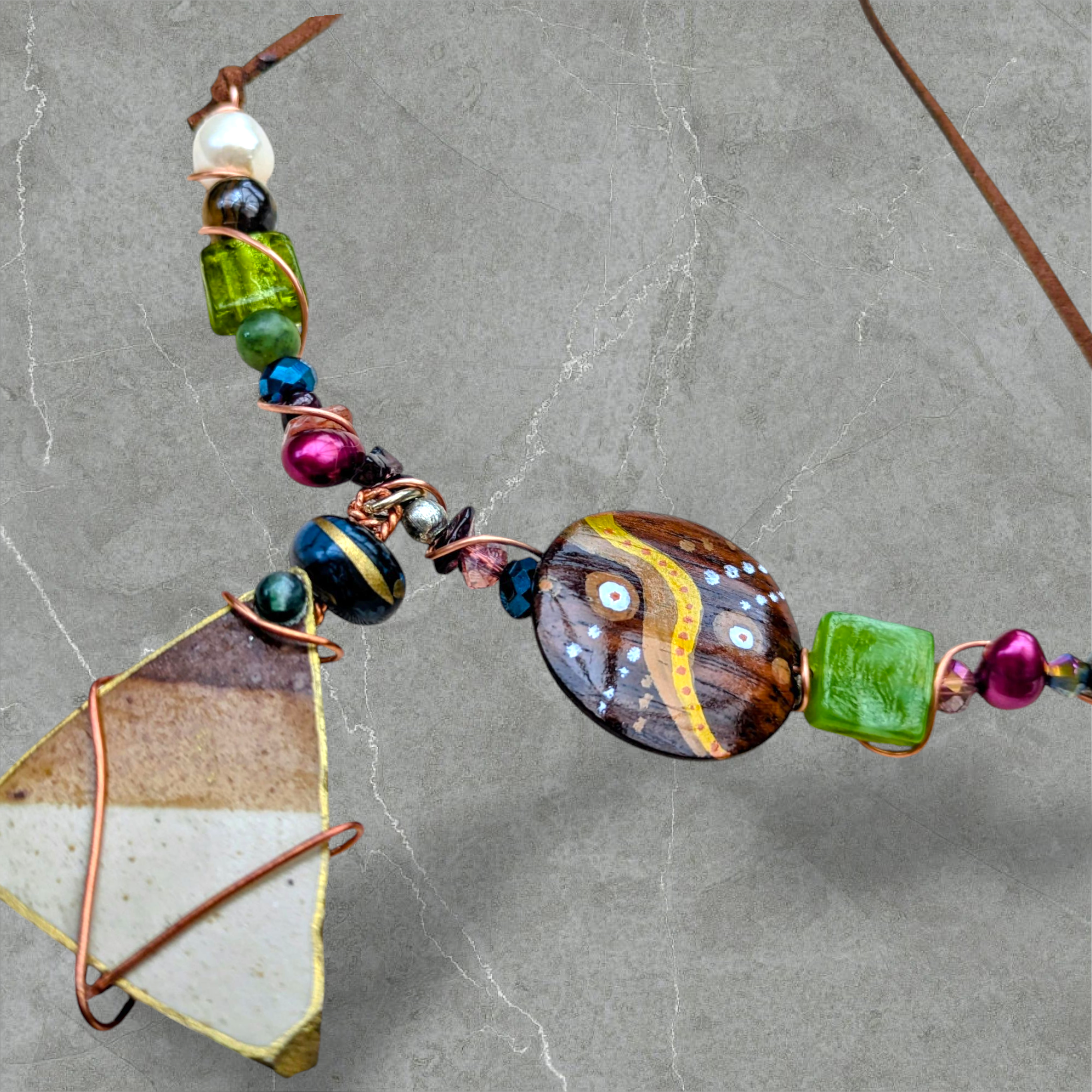 Handmade Boho Sea Pottery Necklace - (cord tie adjustable)