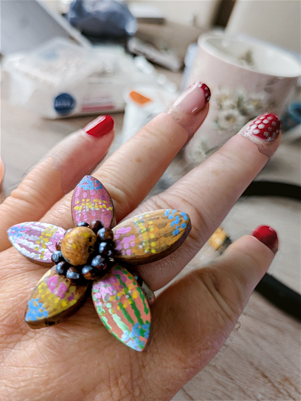 Hand Painted Statement Wooden Bead Stretch Ring