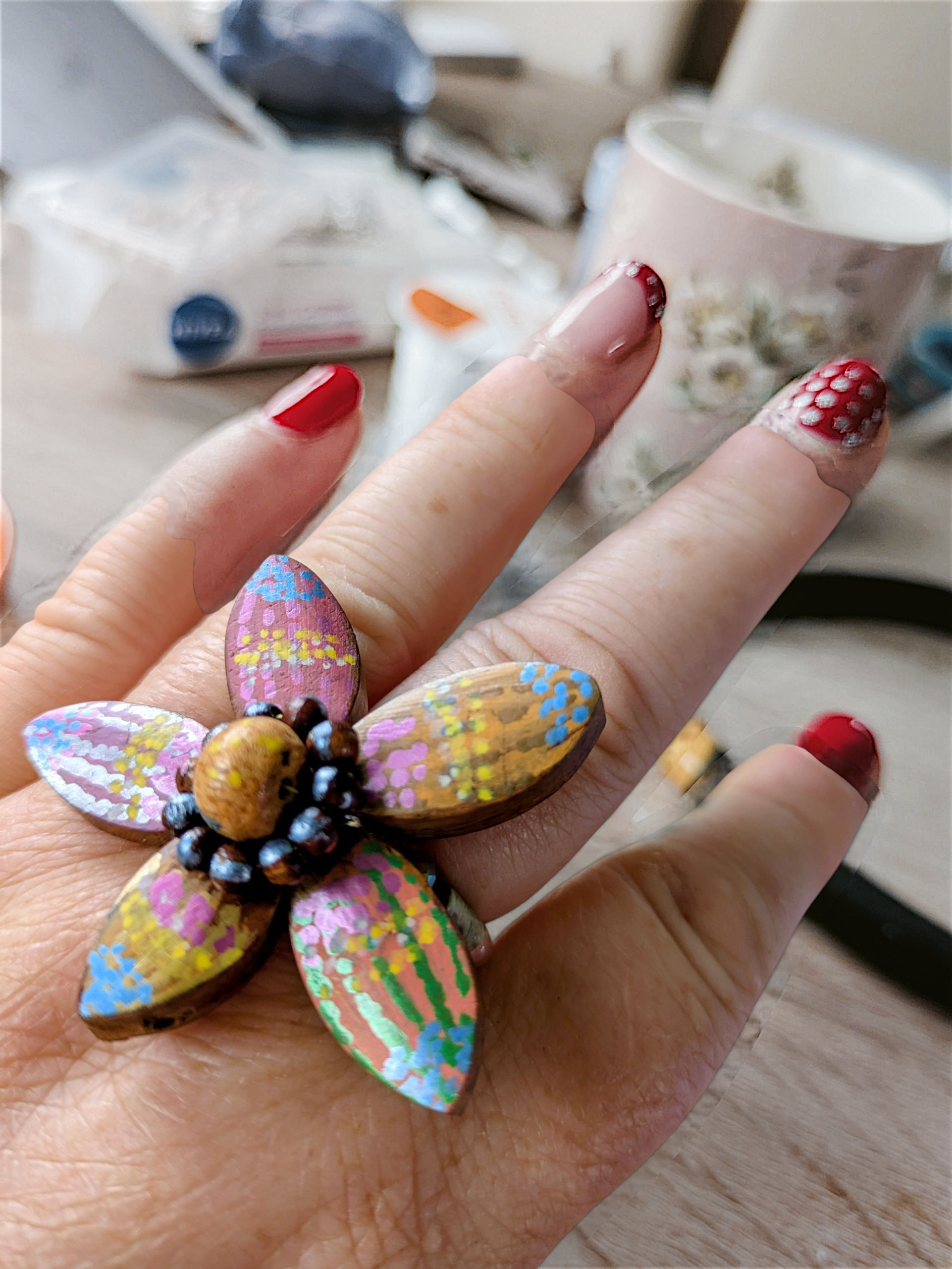 Hand Painted Statement Wooden Bead Stretch Ring